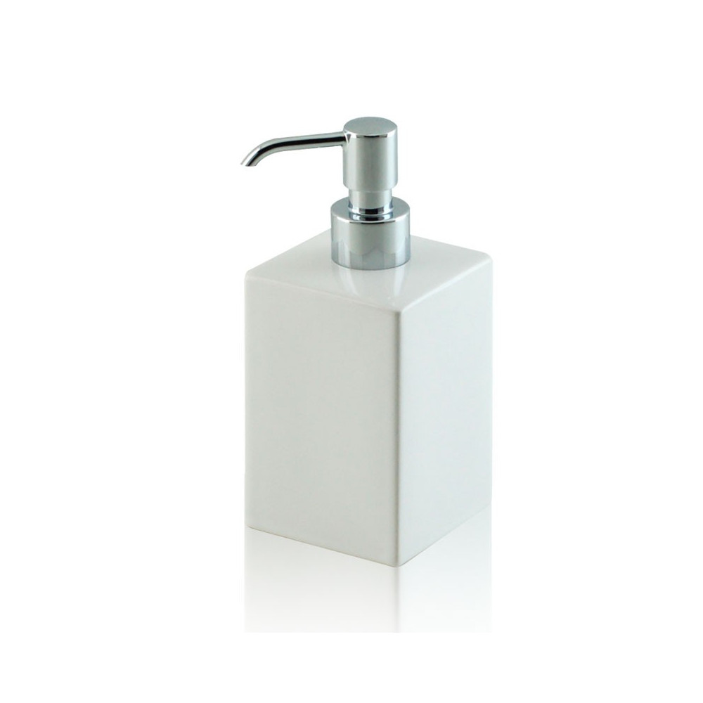 Dispenser - dosatore di sapone quadrato da appoggio in ceramica e ottone cromato